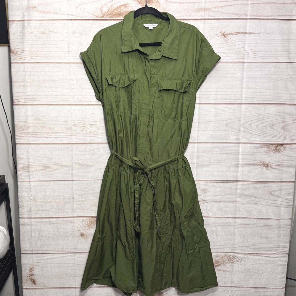 Ophelia Roe Olive Green Utility Shirt Dress Short Sleeve Tie Waist XL D-118
